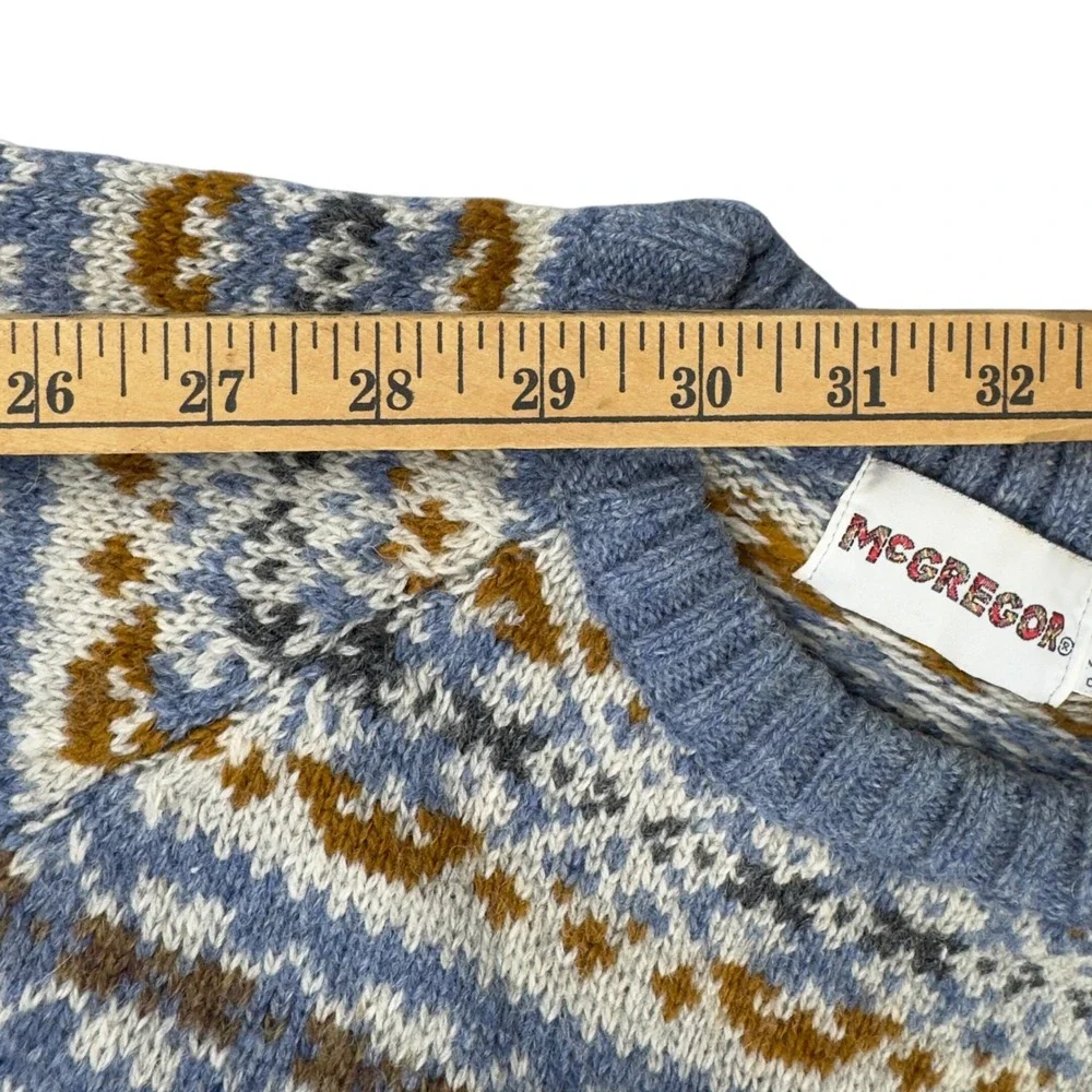 Vtg 70s McGregor Fair Isle Wool Blend Sweater Men's Large Blue Made USA Guam